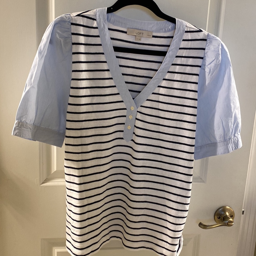 Loft navy striped, light blue/white pinstripe puff sleeve